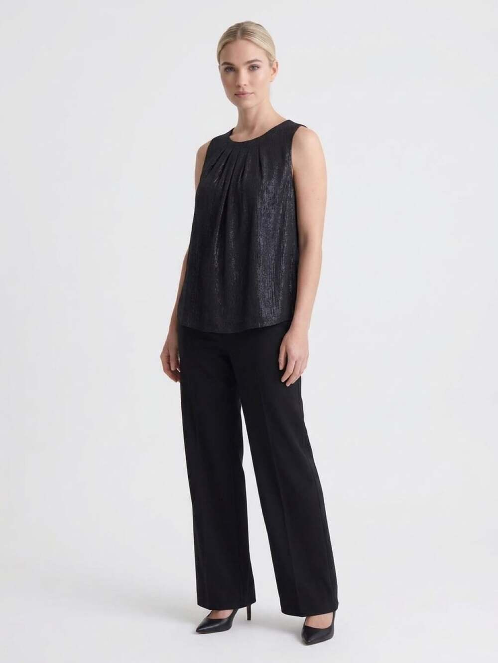 Worthington Petite Blouse Size PM Black Shimmer Pleated Sleeveless